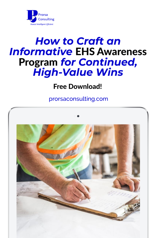 EHS Awareness Program article Pinterest pin showing a worker filling out a pages on a clipboard.