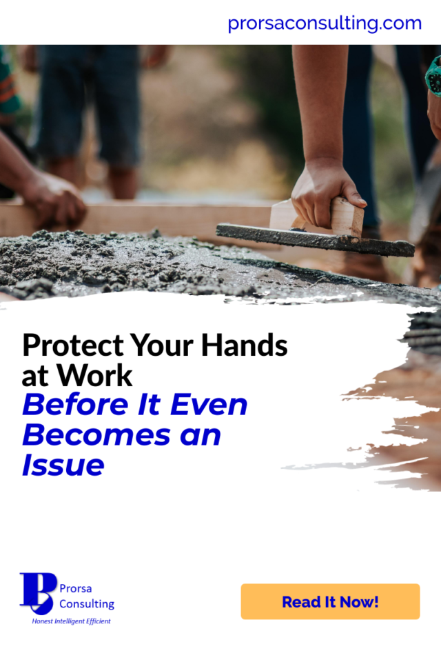Protect your hands at work Pinterest pin showing individuals smoothing concrete into a concrete form