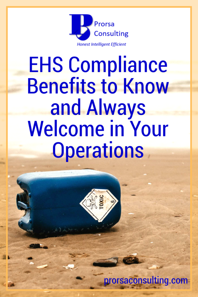EHS Compliance Benefits Pinterest pin with toxic materials container turn on its side on a beach