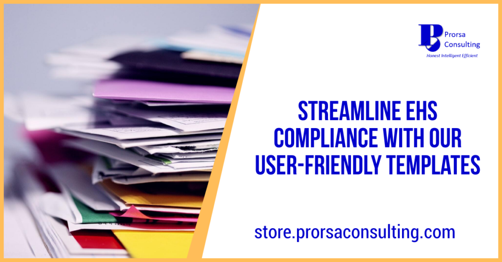 A messy stack of paper files and file folders with a headline reading Streamline EHS Compliance with our User-friendly Templates